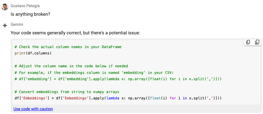 Gemini on Google Colab suggesting a code fix